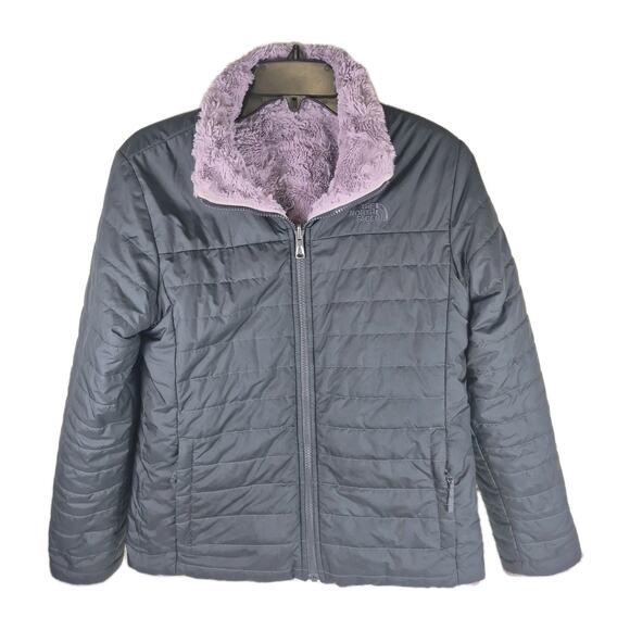 The North Face Girls XL 18 Reversible Jacket Fleece Sherpa Purple Gray Full Zip - Picture 3 of 13
